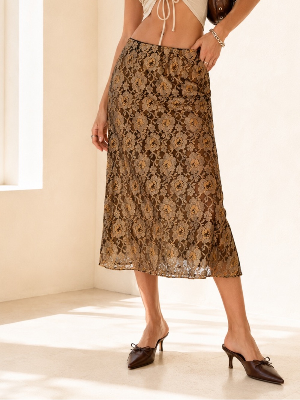 Vintage Y2K Metallic Rose Lace Midi Skirt Romantic Statement Sz L - Picture 2 of 15